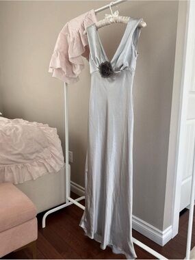 Silver Satin V-Neck Maxi Dress with Floral Accent